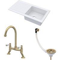 Balterley Fireclay 1 Bowl Sink Drainer Waste Tap 1010mm Brushed Brass in White