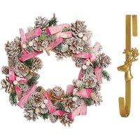 Dibor 33cm Pastel Pink Driftwood Christmas Wreath with Deer Wreath Hanger