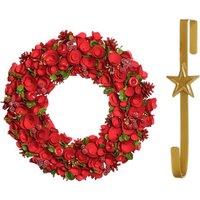 Dibor 42cm Extra Large Red Rose Christmas Wreath with Star Wreath Hanger