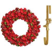 Dibor 42cm Extra Large Red Rose Christmas Wreath with Deer Wreath Hanger