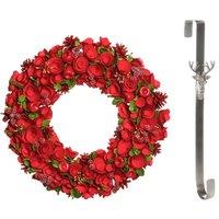 Dibor 42cm Extra Large Red Rose Christmas Wreath with Stag Wreath Hanger