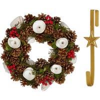 Dibor 36cm White Berries & Roses Christmas Wreath with Star Wreath Hanger in Red