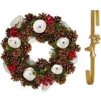 Dibor 36cm White Berries & Roses Christmas Wreath with Deer Wreath Hanger in Red
