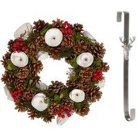 Dibor 36cm White Berries & Roses Christmas Wreath with Stag Wreath Hanger in Red