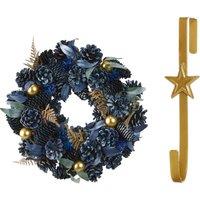 Dibor 35cm Moonlight Front Door Christmas Wreath with Star Wreath Hanger in Blue