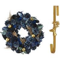 Dibor 35cm Moonlight Front Door Christmas Wreath with Deer Wreath Hanger in Blue