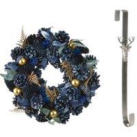 Dibor 35cm Moonlight Front Door Christmas Wreath with Stag Wreath Hanger in Blue