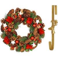 Dibor 35cm Starry Night Front Door Christmas Wreath with Deer Wreath Hanger in Red