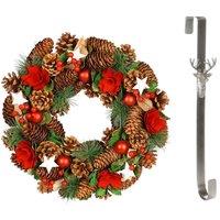 Dibor 35cm Starry Night Front Door Christmas Wreath with Stag Wreath Hanger in Red