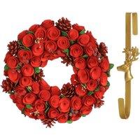 Dibor 35cm Red Crimson Rose Christmas Wreath with Deer Wreath Hanger