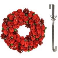 Dibor 35cm Red Crimson Rose Christmas Wreath with Stag Wreath Hanger