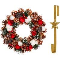Dibor 36cm Pinecone & Roses Christmas Wreath with Star Wreath Hanger in Red