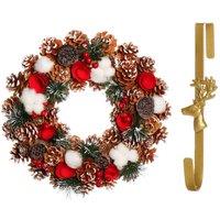 Dibor 36cm Pinecone & Roses Christmas Wreath with Deer Wreath Hanger in Red
