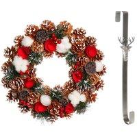 Dibor 36cm Pinecone & Roses Christmas Wreath with Stag Wreath Hanger in Red