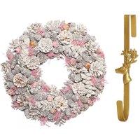 Dibor 39cm Pink Pinecone Christmas Wreath with Deer Wreath Hanger
