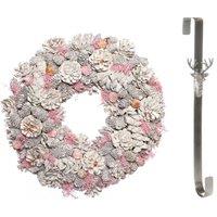 Dibor 39cm Pink Pinecone Christmas Wreath with Stag Wreath Hanger