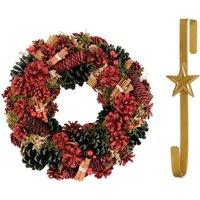 Dibor 36cm Cinnamon Pine Christmas Wreath with Star Wreath Hanger in Red