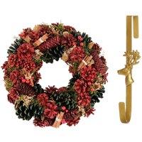 Dibor 36cm Cinnamon Pine Christmas Wreath with Deer Wreath Hanger in Red