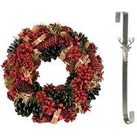 Dibor 36cm Cinnamon Pine Christmas Wreath with Stag Wreath Hanger in Red