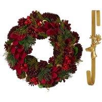 Dibor 30cm Cluster Berries Christmas Wreath with Deer Wreath Hanger in Red