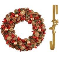 Dibor 50cm Giant Canterbury Christmas Wreath with Deer Wreath Hanger in Red