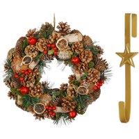Dibor 38cm Citrus Spice Front Door Christmas Wreath with Star Wreath Hanger in Red