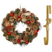 Dibor 38cm Citrus Spice Front Door Christmas Wreath with Deer Wreath Hanger in Red