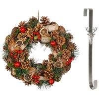 Dibor 38cm Citrus Spice Front Door Christmas Wreath with Stag Wreath Hanger in Red