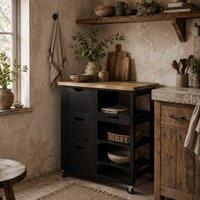 Wyld Haus Compact Rolling Kitchen Island Black Wood Top 3 Drawers 2 Shelves