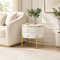 Merax Round Marble-Effect Sofa Side Table with 2 Drawers - Bedside Cabinet in White