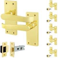 AFIT Brass Door Handles with Latch, 6 Pairs Polished Brass Backplate, Latch in Gold | Size: 150mm x 150mm