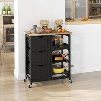 HOMCOM Compact Bar Serving Cart Compact Trolley with Wood Top & Drawers in Black