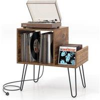 Gymax Turntable Stand Record Player Stand With Power Outlet Display Shelf in Natural