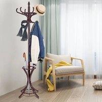 SPETLEK Wooden Coat Rack Hat Hanger Hallstand Umbrella Stand with 12 Hooks in Brown