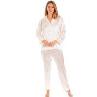 Lady Olga Women's English Made Satin Long Sleeved Pyjama Set in Ivory | Size: 14-16