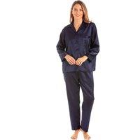 Lady Olga Women's English Made Satin Long Sleeved Pyjama Set in Navy | Size: 8-10