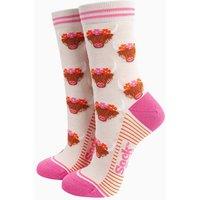 Sock Talk Women's Highland Cow Floral Crowns Bamboo Socks in Cream | Size: 3-7