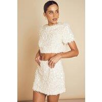 MissPap Women's Textured Fluffy Sequin Mix Crop Top in Cream | Size: 8