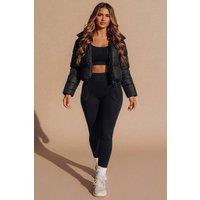 Femme Luxe Women's Hooded Drawstring Cropped Puffer Jacket in Black | Size: 12