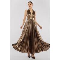 Goddiva Women's Sunrise Foil Halterneck A-Line Maxi Dress in Bronze | Size: 12