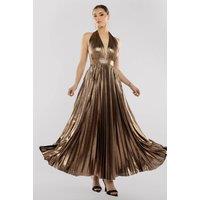 Goddiva Women's Sunrise Foil Halterneck A-Line Maxi Dress in Bronze | Size: 14