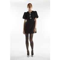 Shnoo Women's Embellished Buckle Puff Sleeve Mini Dress in Black | Size: 10