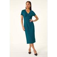 Roman Women's Petite Textured Twist Midi Dress in Teal | Size: 16