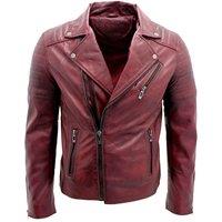 Infinity Leather Men's Slim Fit Brando Style Cross Zip Leather Biker Jacket in Burgundy | Size: 2XL
