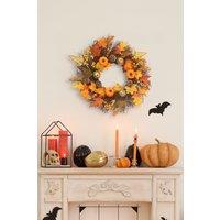 Living and Home 45cm Artificial Pre-lit Autumn Harvest Wreath with Maple Leaves, Pumpkins & Berries for Front Door & Fireplace in Orange