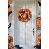 Living and Home 55cm Pre-Lit Autumn Wreath Seasonal Decor with Pumpkin, Maple Leaves, Cotton & Pine Cones in Orange