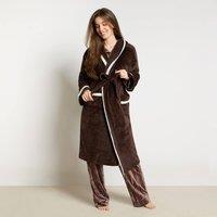 OHS Piped Edge Hooded Dressing Gown Flannel Fleece Sherpa Lined Robe in Chocolate