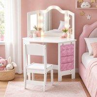 STILVORA Kids Dressing Table & Stool Set with LED Lights in White
