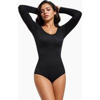 MODISHION Women's Light Tummy Control Seamless Bodysuit Top in Black | Size: Small