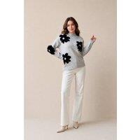 Zafosh Women's Floral Applique High Neck Knitted Jumper Soft Winter Sweater in Grey | Size: Medium